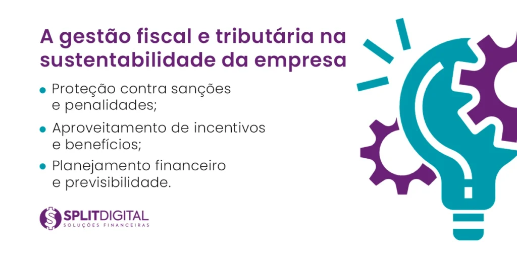 Imagem ilustrativa que discute a gestão fiscal e tributária na sustentabilidade da empresa, destacando proteção contra sanções, incentivos e planejamento financeiro.