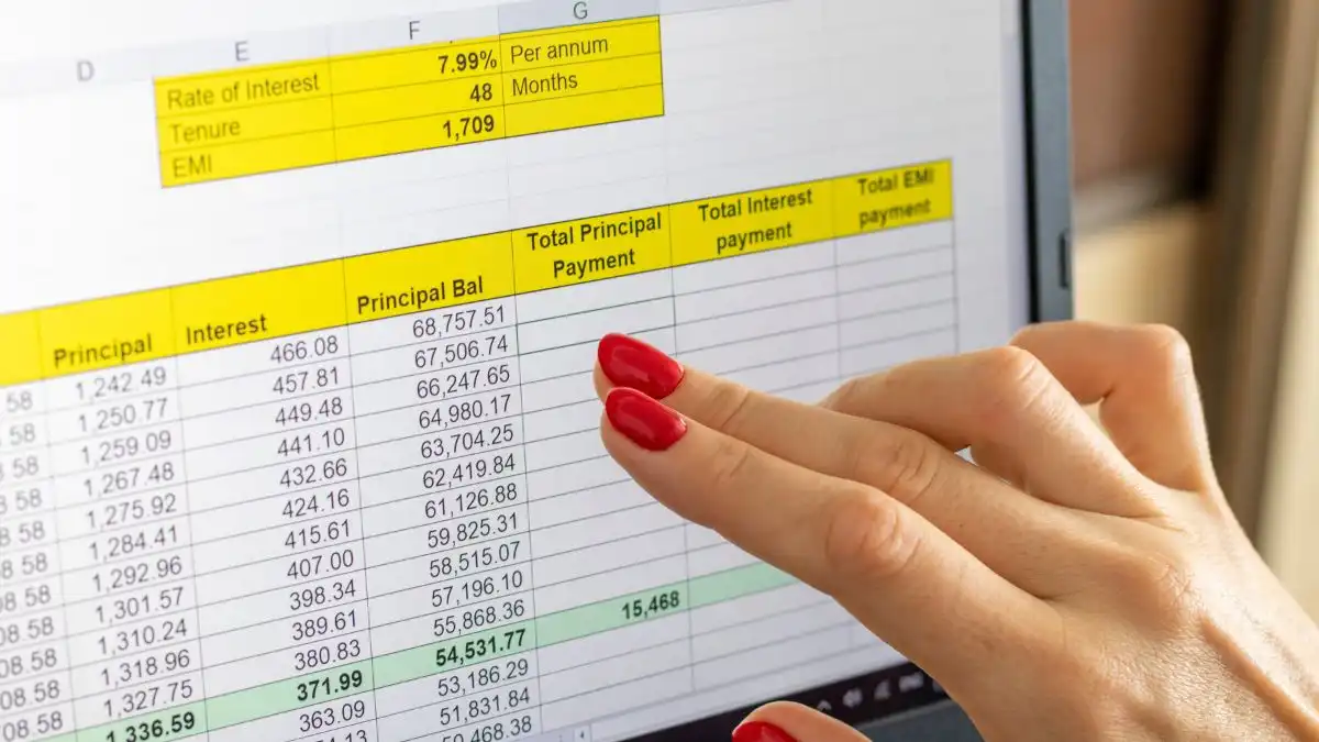 O modelo de fluxo de caixa certo pode reduzir custos na EPP Imagem de uma tela de computador exibindo uma planilha com cálculos financeiros, incluindo taxa de juros, saldo principal e pagamentos totais.